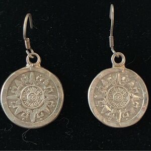 Sterling Silver 925 MRM Signed Aztec Sun Mayan Dangle Drop Earrings